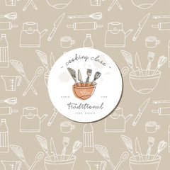 Vector hand drawing engraving seamless pattern with design template label or logo for cooking courses.