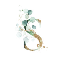 Gold Floral Alphabet - Letter S With Gold And Green Botanic Branch Leaf Bouquet Composition. Unique Collection For Wedding Invites Decoration & Other Concept Ideas.
