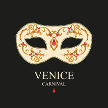 Carnival Mask Decorated With A Decorative Golden Pattern, Beads, Precious Stones. Vector Image Of A Traditional Venetian Mask.