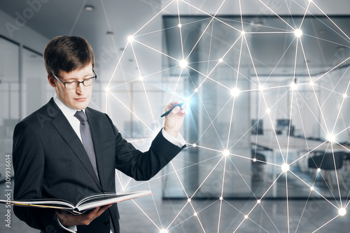 Businessman drawing creative polygons interface
