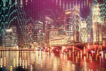 Fototapete - Financial chart on city scape with tall buildings background multi exposure. Analysis concept.