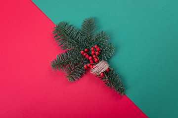 Wall Mural - Red and green christmas composition with pine branch.