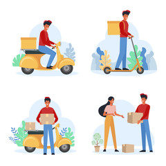 Delivery service male courier flat vector illustration set