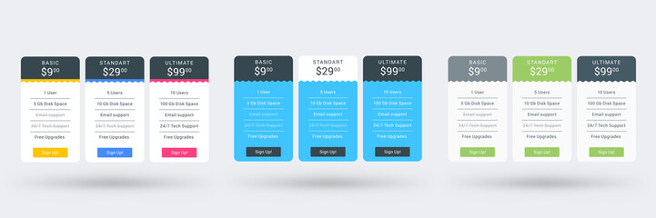 Wall Mural - pricing table design template for websites and applications. set of three different color variations