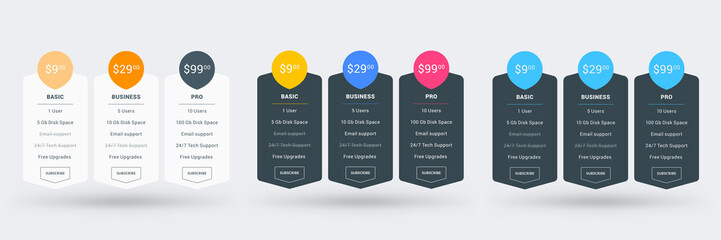 Wall Mural - pricing table design template for websites and applications. set of three different color variations