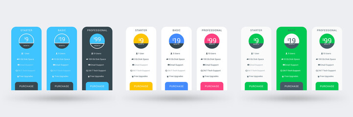 Wall Mural - pricing table design template for websites and applications. set of three different color variations