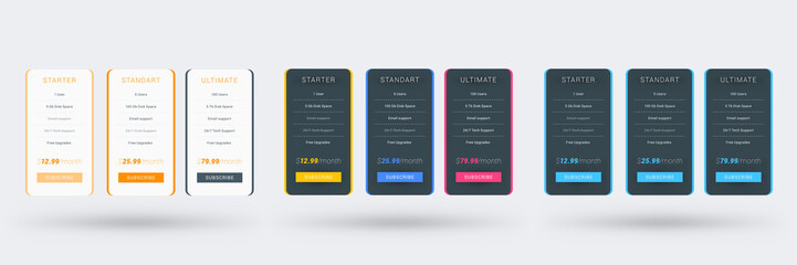Wall Mural - pricing table design template for websites and applications. set of three different color variations