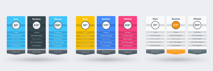 Wall Mural - pricing table design template for websites and applications. set of three different color variations