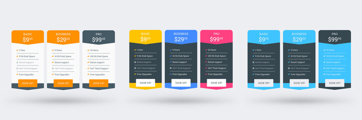 Wall Mural - pricing table design template for websites and applications. set of three different color variations