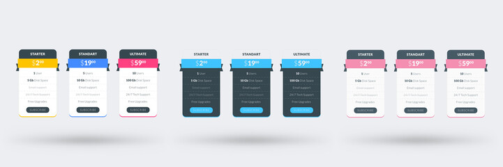 Wall Mural - pricing table design template for websites and applications. set of three different color variations