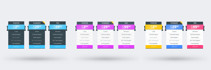 Wall Mural - pricing table design template for websites and applications. set of three different color variations