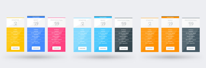 Wall Mural - pricing table design template for websites and applications. set of three different color variations