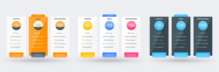 Wall Mural - pricing table design template for websites and applications. set of three different color variations