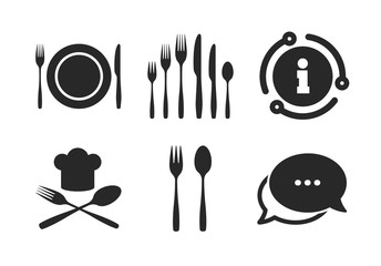 Wall Mural - Chief hat sign. Chat, info sign. Plate dish with forks and knifes icons. Crosswise cutlery symbol. Dessert fork. Classic style speech bubble icon. Vector