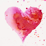 Watercolor painted pink heart, on the white watercolor paper.