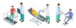 Physiotherapy rehabilitation. Patients and doctors in rehabilitation centre clinic. Isometric vector set of rehabilitation treatment, health patient physiotherapy illustration