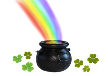 St.Patrick 's Day. Cauldron With Gold, Rainbow And Clover Leaves On A White Background.