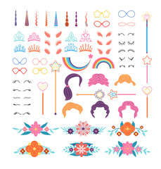 Poster - Unicorn constructor. Stylish pony details. Horns, mane and eyelashes, ears and crowns, glasses. Flowers and magic wand cartoon vector set. Magic horn pony mane, flower and unicorn illustration