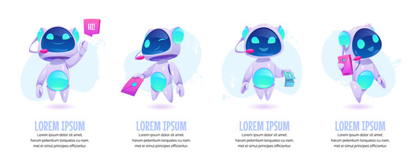 Chat bot banners set. Future marketing innovation, artificial intelligence digital technology, ai robot marketer financial business online consultation, customer support. Cartoon vector illustration