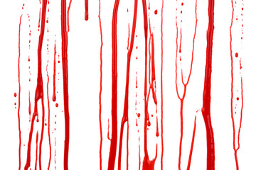 Dripping blood isolated on white background. Flowing red blood splashes, drops and trail