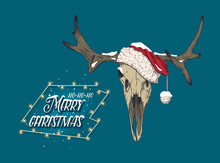 Deer Skull In A Red Hat. Santa Hat In The Snow.  Print For T-shirts, Various Printing And Posters.