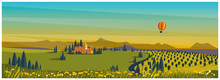 Wild Panoramic Rural Countryside In Spring Or Summer.Green Hill With Grape Field On Vineyard With Hot Balloon.Concept Of Europe Farm Agriculture In Spring Or Summer.Vintage Color With Noise And Grainy