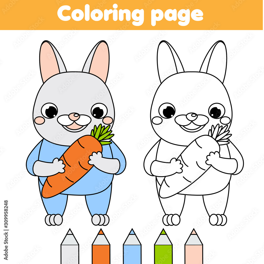 Coloring page with cartoon rabbit. bunny, hare with carrot. Drawing ...