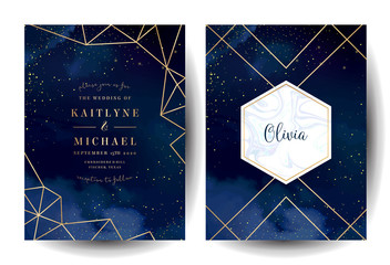 Wall Mural - magic night dark blue cards with sparkling glitter and line art.
