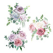 Dusty pink,creamy white and mauve antique rose vector design wedding bouquets