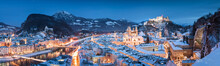 Salzburg Panorama At Christmas Time In Winter, Austria