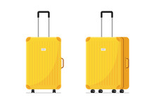 Yellow Plastic Suitcase For Travel With Wheels And Retractable Handle Front And Side View. Baggage Bag For Summer Vacatoin Jourmey Flat Vector Illustration