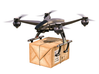 Quadcopter. Parcel delivery. Quadrocopter carrying carton box isolated on a white background.