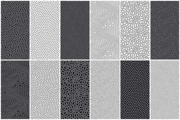 Set of organic seamless patterns with rounded lines, drips. Diffusion reaction background. Linear design with biological shapes. Structure of natural cells, maze, coral. Abstract vector illustration.