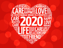 2020 Love And Happy Concept, Heart Word Cloud Collage Background