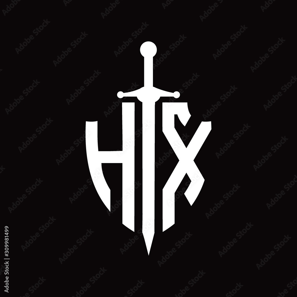 HX logo with shield shape and sword design template Stock Vector ...
