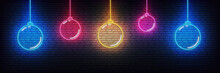 Christmas Ball Neon Background. Set Of Realistic Colorful Xmas Glowing Decorations