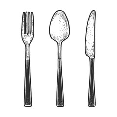 Cutlery set fork knife spoon sketch engraving vector illustration. T-shirt apparel print design. Scratch board imitation. Black and white hand drawn image.