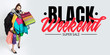 © master1305 - Black weekend, finance concept. Woman addicted of sales and clothes. Female model wearing too much colorful clothes. Fashion, style, black friday, sale, purchases, money, online buying. Flyer for ad.