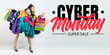 © master1305 - Cyber monday, finance concept. Woman addicted of sales and clothes. Female model wearing too much colorful clothes. Fashion, style, black friday, sale, purchases, money, online buying. Flyer for ad.
