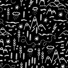 Camping Nature Vector Background For Kids. Cartoon Mountain And Forest Area Map Seamless Pattern. Hand Drawn Doodle Mountains, Hills, Trees, Hiking Trails And Night Starry Sky