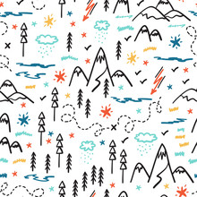 Camping Nature Vector Background For Kids. Cartoon Mountain And Forest Area Map Seamless Pattern. Hand Drawn Doodle Mountains, Hills, Trees, Hiking Trails And Night Starry Sky 