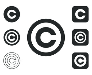 Flat style copyright icon shape set. C letter logo symbol sign. Vector illustration icon. Isolated on white background. Intellectual property owner. Square and circle round button mark pack.