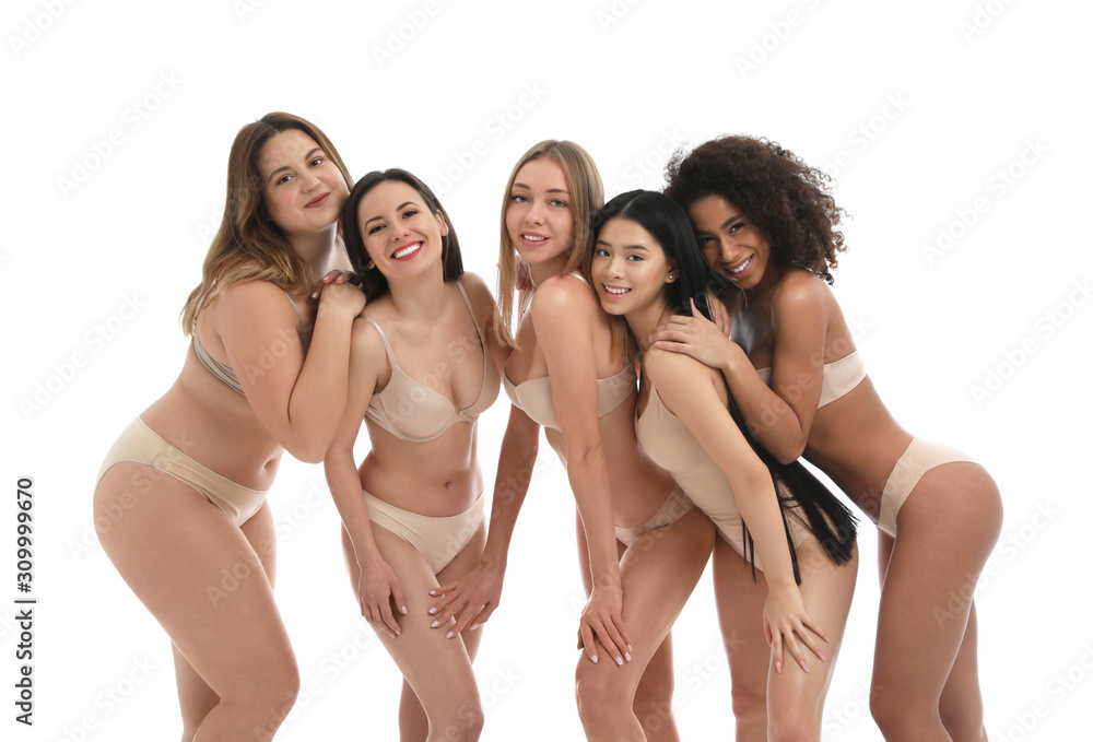 Group of women with different body types in underwear on white background - obrazy, fototapety, plakaty 