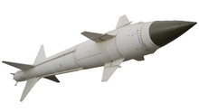 A Missile With A Warhead On A White Background Isolated. Weapons Of Mass Destruction, Chemical, Nuclear. Artillery Rocket Bomb