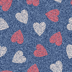 Jeans background with Pink hearts. Vector Denim seamless pattern