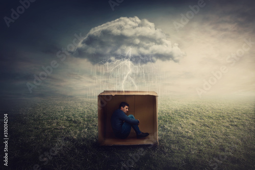 Cuadros en Lienzo Surreal concept with a scared guy shelters inside a cardboard box