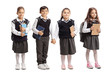 Three schoolgirls and one schoolboy wearing school uniforms