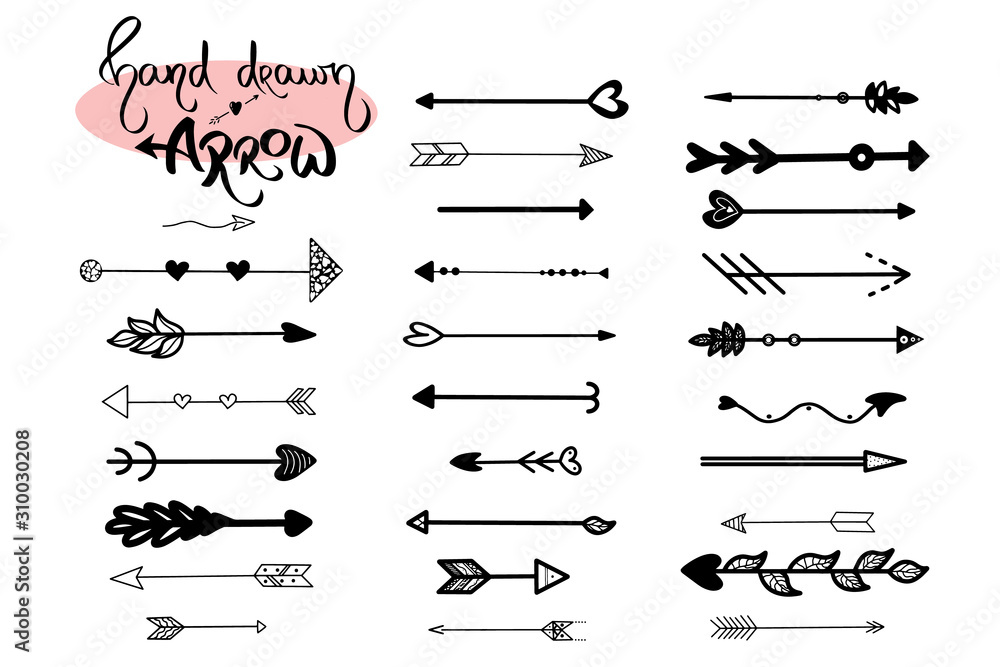 Hand drawn Arrows icon on white background. Arrow set illustration. Black arrowhead vintage style. Cursor, orientation, abstract outline, forward, motion element. Doodle graphic collection. Web Direct - obrazy, fototapety, plakaty 