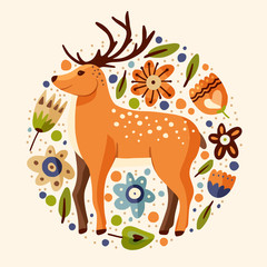 Poster - Ornate vector card with cute cartoon deer in a flat scandinavian style. Forest floral round postcard with fawn animal.