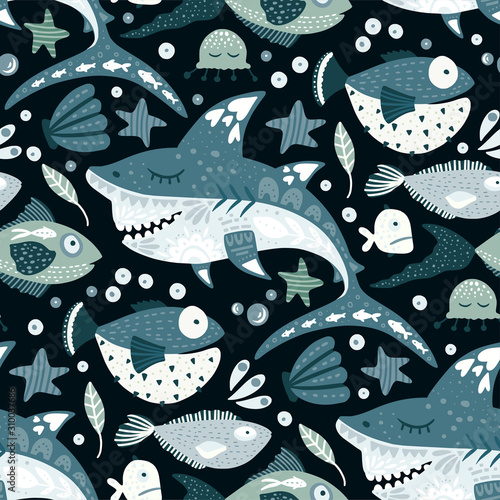 Seamless Vector Pattern With Cute Cartoon Funny Shark Fish In A Flat Style Vintage Kid Underwater Fabric Graphic Illustration Baby Shark Doo Doo Doo Buy This Stock Vector And Explore Similar